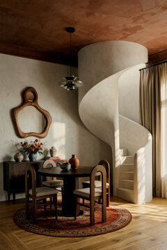 beige living room with spiral staircase