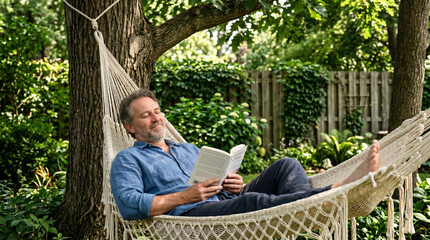 Fototapeta premium Middle aged man relaxing in hammock reading book in garden backyard