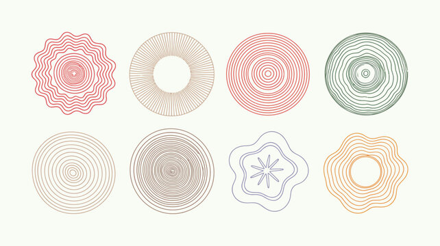 Collection of hand drawn tree ring wood textures with concentric growth circles, natural log slices, and organic line art elements