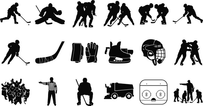 Ice Hockey Silhouettes and Equipment Icons Collection with Players Referee Rink and Sports Elements