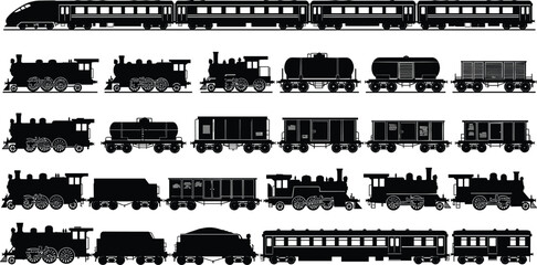Obraz premium Black train silhouettes set featuring steam locomotives, modern high speed rail, passenger carriages, and freight cargo wagons for railway transport.
