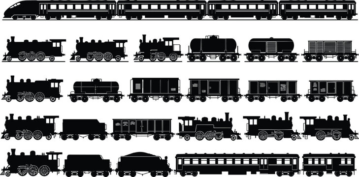 Black train silhouettes set featuring steam locomotives, modern high speed rail, passenger carriages, and freight cargo wagons for railway transport.