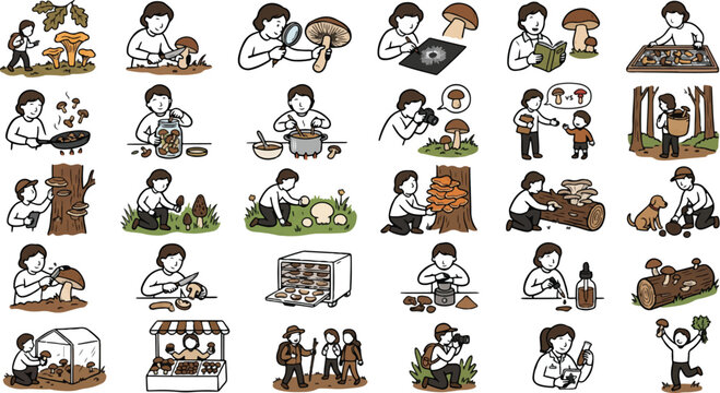 Mushroom hunters explore various activities such as foraging, identifying, cooking, and preserving wild fungi in this collection of illustrated icons.