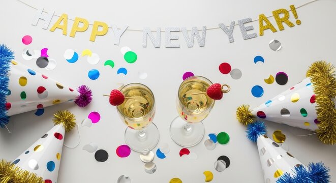 New Year celebration, party hats, champagne glasses, confetti, festive decorations