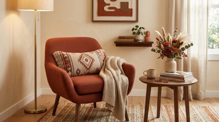 Fototapeta premium Cozy living room corner with rust armchair, textured blanket, and autumnal floral arrangement