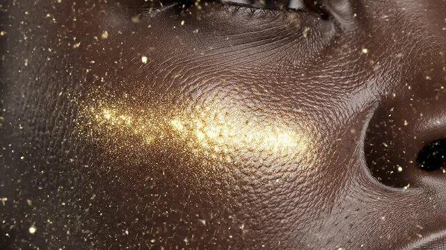 Close-Up Macro Shot of a Cheek Showing Skin Tone Transition from Dull and Sallow to Radiant with Shimmering Golden Particles