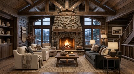 Fototapeta premium Cozy log cabin living room with stone fireplace and mountain view