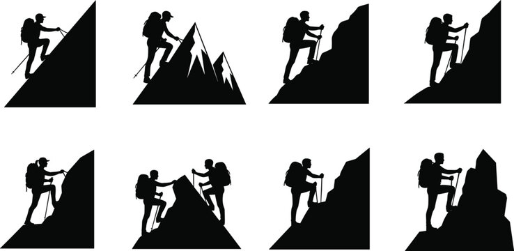 Black silhouette illustration set of hikers climbing mountains with backpacks and trekking poles, representing outdoor adventure, perseverance, exploration, and nature design purposes