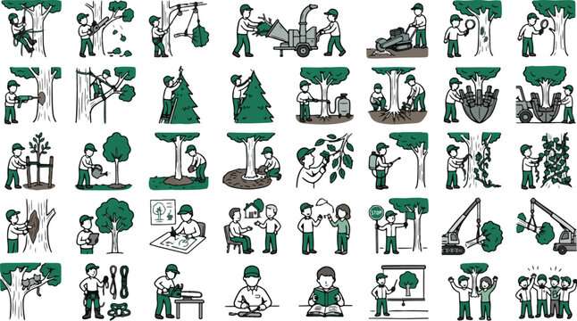 Arborist workers are depicted in a comprehensive set of icons showing various tree maintenance and forestry tasks.