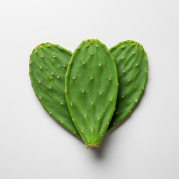 Vibrant green nopales cactus pad, thick and fleshy, presented centrally on a seamless white surface, emphasizing texture and form, botany, background, raw