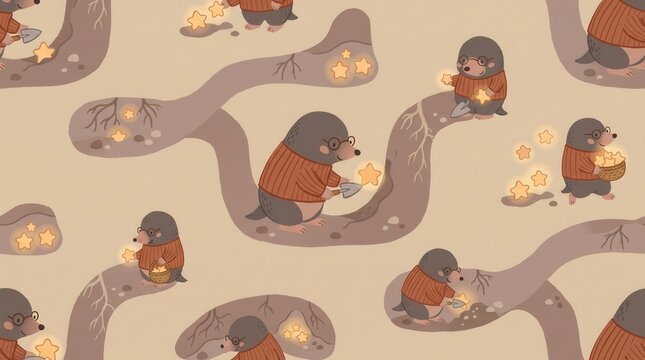 Cartoon moles in sweaters dig and collect shining stars from winding underground tunnels