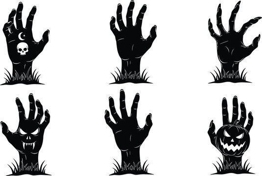Black silhouette illustration of six zombie monster hands with skull, claw, jack-o&rsquo;-lantern, and sinister face details, perfect for Halloween, horror, and spooky design purposes