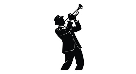 Trumpet player in suit and hat black vector silhouette musician © Moriom