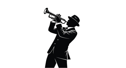 Trumpet player with hat and suit black vector silhouette musician © Moriom