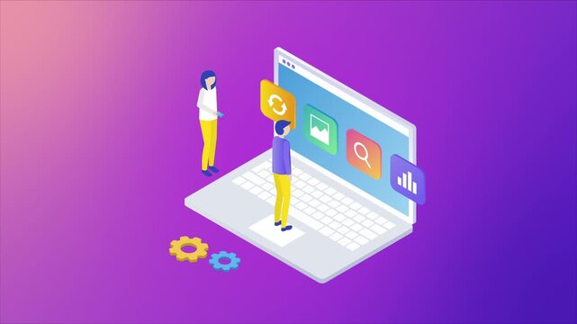 Web development, ux design and programming tecnology concept. Coding and remote work future footage. People analysis works on laptop.