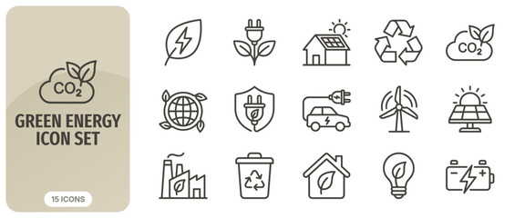 Green energy icon set, ecofriendly technology and sustainable power symbols, vector line icons for environmental protection and renewable energy concepts © Abir Creative Studio