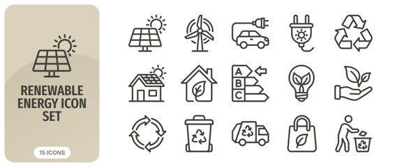 Fototapeta premium Renewable energy and recycling icon set, ecofriendly technology, sustainable living, green energy symbols, vector illustration