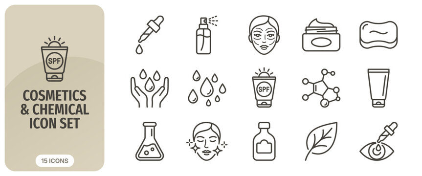 Cosmetics and chemical icon set, beauty and skincare line icons, vector illustration of facial care, sunscreen, serum, chemical formula, and natural ingredients