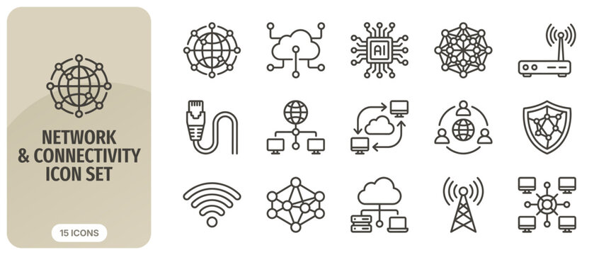 Network and connectivity icon set thin line icons representing global network, cloud computing, ai chip, data connection, router, ethernet cable, and wireless tech