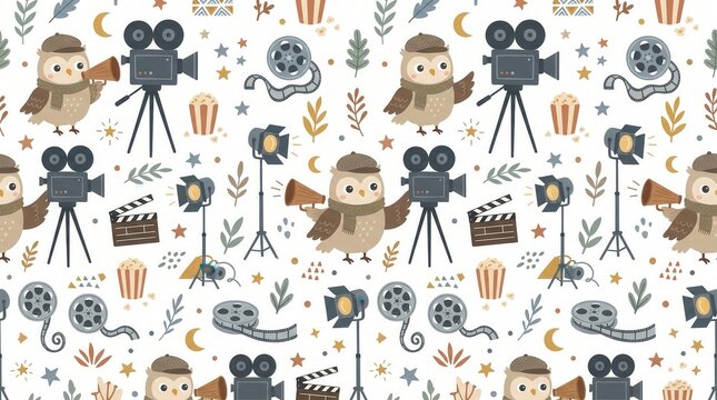 Cute cartoon owls with film equipment, film reels, and popcorn decorate a seamless pattern