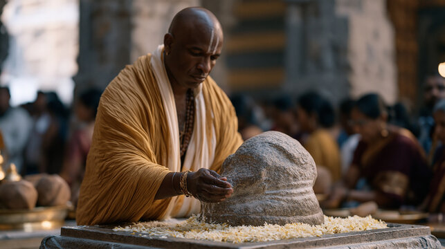 Brahmin priest performing abhishek ritual over a stone deity figure inside a bustling Hindu temple, flower petals swirling in the ceremonial water while devotees press forward