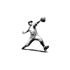 Obraz premium Black and white ink drawing of a baseball pitcher throwing a ball with baseball throwing illustration monochrome isolated background engraving