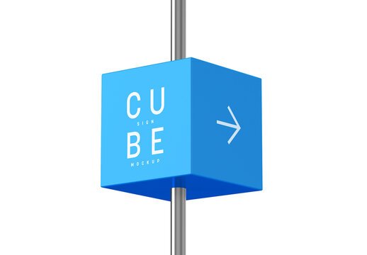 Pole-Mounted Cube Sign Mockup
