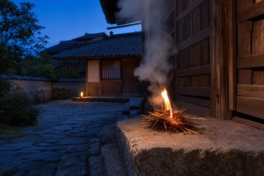 Japanese Obon mukaebi welcoming fire flickering on stone step with rising smoke at twilight