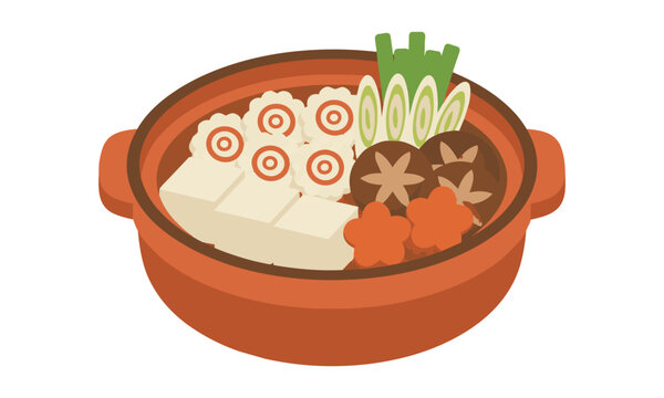 Flat design of a Japanese nabe hot pot with fish cakes tofu and mushrooms in a ceramic pot isolated on white background Traditional Japanese cuisine concept