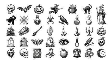 Fototapeta premium A collection of darkly themed vintage-style illustrations featuring spooky objects and creatures for Halloween