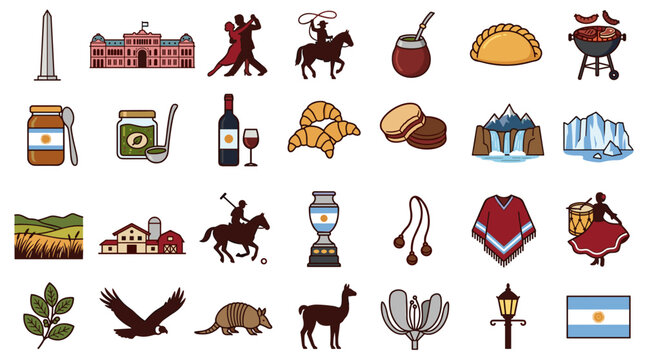 Argentina Culture Travel Flat Vector Icons Set with Tango Gaucho Mate Empanada Patagonia Symbols