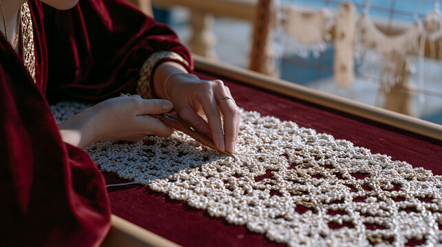 tatting lace pattern spread across a velvet display board at a craft fair, shuttle artisan demonstrating ring-and-chain joins to fascinated onlookers while completed doilies,