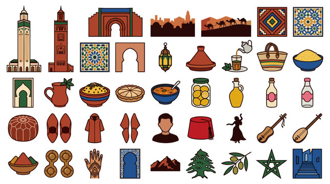 Morocco Culture Travel Flat Vector Icons Set with Mosque Tajine Lantern Zellige Arabic Symbols