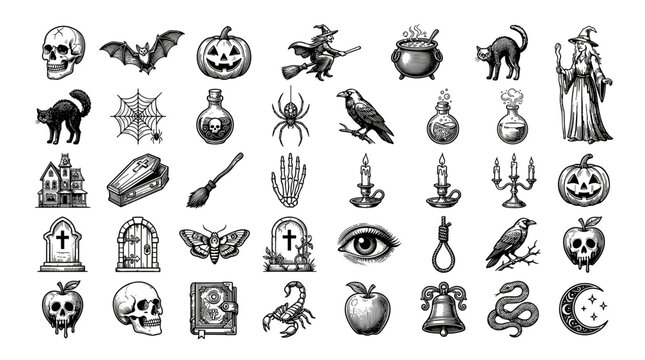 A collection of darkly themed vintage-style illustrations featuring spooky objects and creatures for Halloween