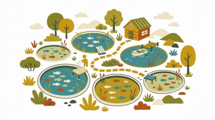 Fototapeta premium A person feeds fish in multiple outdoor ponds near a small house with a boat on a sunny day