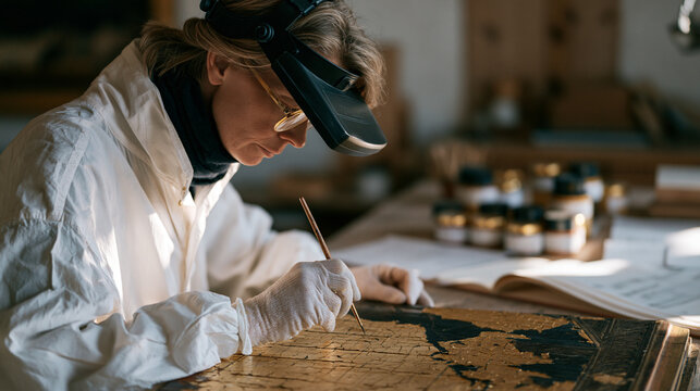 Conservator in protective gloves using fine brush to stabilize flaking gold leaf on a medieval altarpiece panel, magnifying visor on, religious art restoration workshop cluttered
