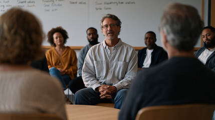 Obraz premium Diverse group of faith leaders seated in a circle in a community college classroom for a structured interfaith dialogue session, name tents identifying each tradition, a
