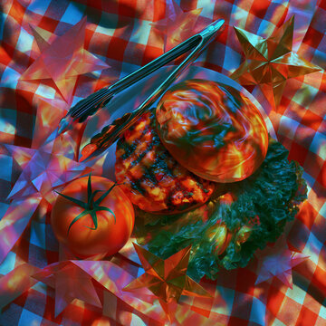 Grilled Cheeseburger Picnic Flat Lay with Tomato and Lettuce