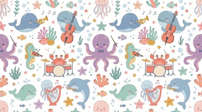 Cute ocean animals play violin, drums, harp, trumpet