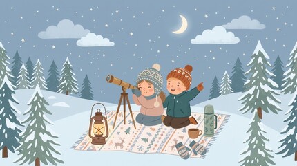 Naklejka premium Two children stargaze on a blanket in a snowy winter forest at night. They use a telescope