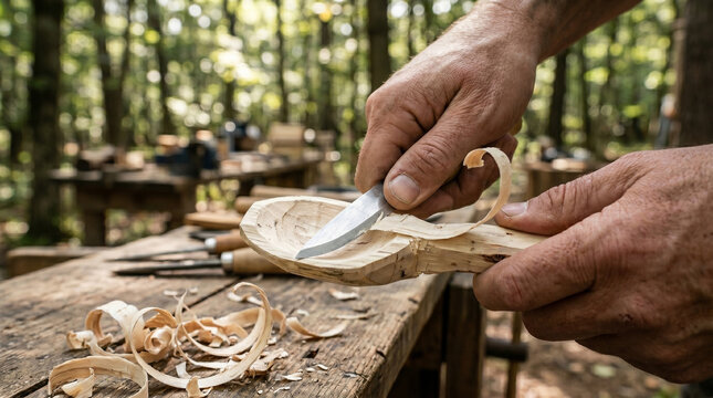 Closeup of male hands carving wooden spoon with knife in forest
