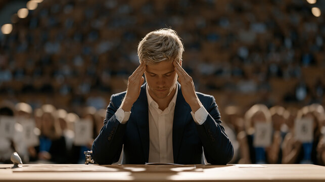 competitive memory athlete seated alone at a bare championship table, eyes closed and fingers pressed to temples, mental palace technique on display before a hushed auditorium