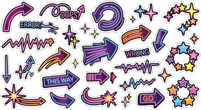 Retro neon sticker arrows stars and mistake correction text labels
