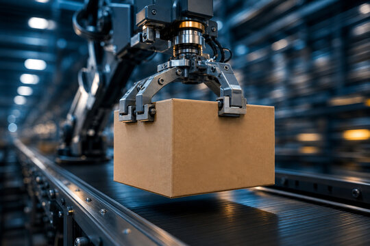 Robotic gripper arm lifting a blank cardboard box from a conveyor belt in an automated warehouse