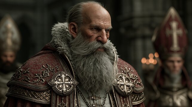 Europe medieval lifestyle. A detailed, realistic portrayal of an elderly man with a long, gray beard and mustache. He wears ornate, red and gold armor with intricate patterns and designs.