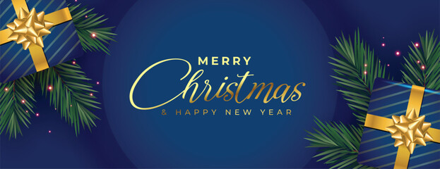 Merry christmas blue greeting background with 3d render elements © Saumitra