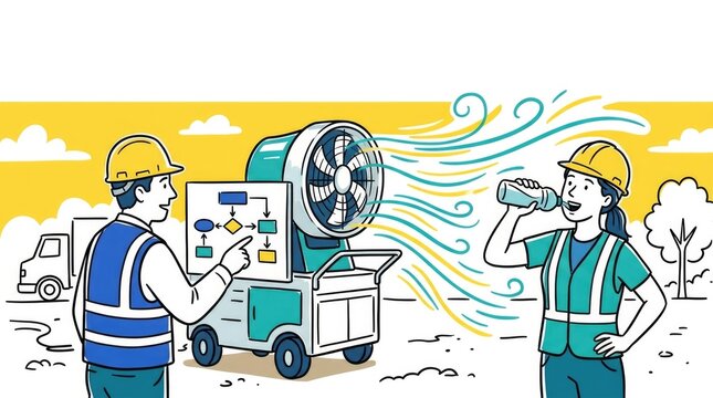 Cooling Station Guides The Team. An outdoor crew gathers around a portable cooling station; a supervisor points to a simple flow chart on a panel whil