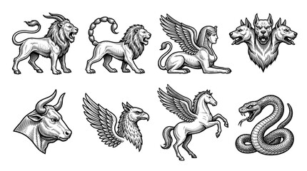 Fototapeta premium Set of Mythological Creatures and Ancient Monsters in Woodcut Style, Hand Drawn Vector Illustrations of Sphinx, Pegasus, Cerberus, Chimera, and Griffin for Heraldry and Tattoos