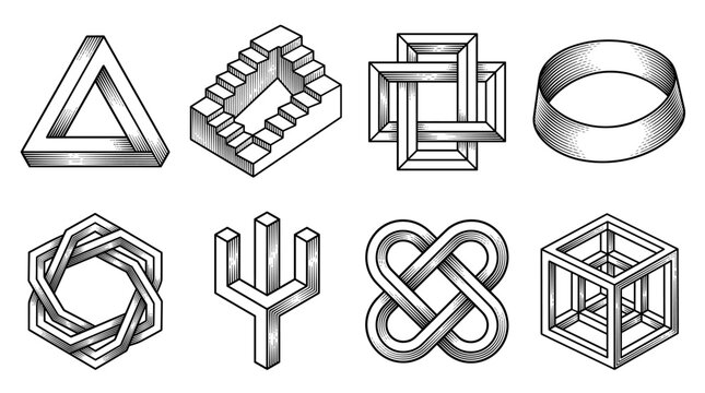 Set of 8 impossible objects and geometric optical illusions including Penrose triangle, stairs, and cube, in a black and white engraving style for technical or creative design.