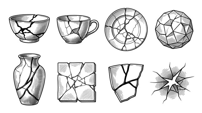Set of Broken Ceramic Objects and Cracked Shapes, Engraving Style Vector Illustration of Shards and Fractured Pottery
